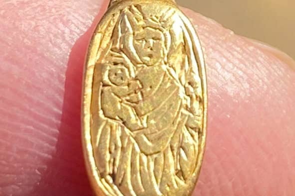 The 15th Century gold ring Matthew Hepworth found buried in a farmer’s field. 