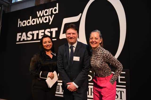 Greg Wright with inspirational speakers Emma Digby and Zandra Moore at Ward Hadaway's Yorkshire Fastest 50 Awards in Leeds. Photo Gérard Binks.