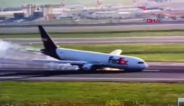 Boeing 767 crashes into runway during emergency landing.