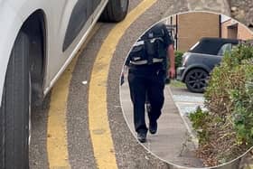 Traffic warden's car spotted parked on double yellow line while writing up tickets in Whitstable, Kent. 
