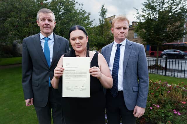 Solicitor David Greenwood, grooming gangs victim Fiona Goddard and Keighley and Ilkley MP Robbie Moore. Credit: Robbie Moore