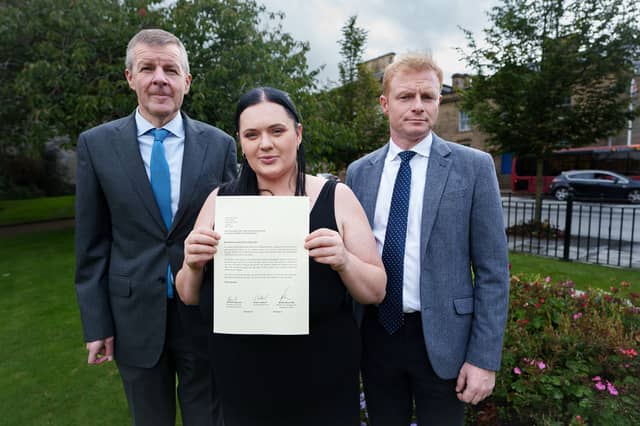 Solicitor David Greenwood, grooming gangs victim Fiona Goddard and Keighley and Ilkley MP Robbie Moore. Credit: Robbie Moore