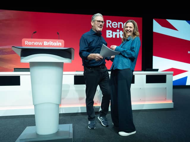Prime Minister Sir Keir Starmer, with his wife Lady Victoria, rehearsing his Labour Party conference keynote speech. Credit: Stefan Rousseau/PA Wire