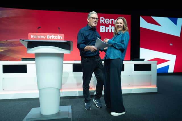 Prime Minister Sir Keir Starmer, with his wife Lady Victoria, rehearsing his Labour Party conference keynote speech. Credit: Stefan Rousseau/PA Wire