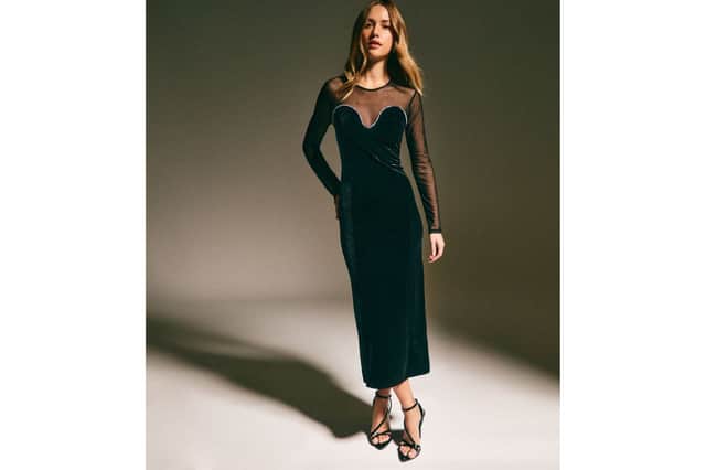 Black Velvet Embellished Trim Mesh Long Sleeve Midi Dress