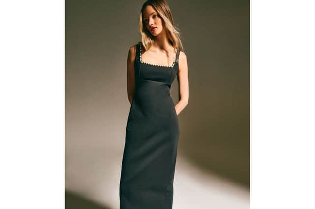 Black Faux Pearl Embellished Square Neck Midi Dress