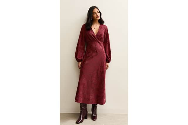 Dark Burgundy Floral Long Sleeve Midi Dress