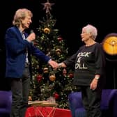 Dame Judi Dench on stage with Mick Jagger at the Sondheim Theatre in London, for a conversational-style show titled, What's The Play? What's The Part?. Credit: Gyles Brandreth
