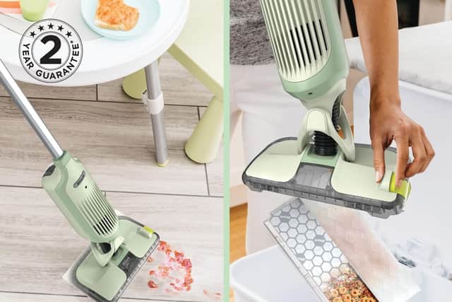 Suck up the spill, then just drop the clever pad into the bin - you don't even need to touch it