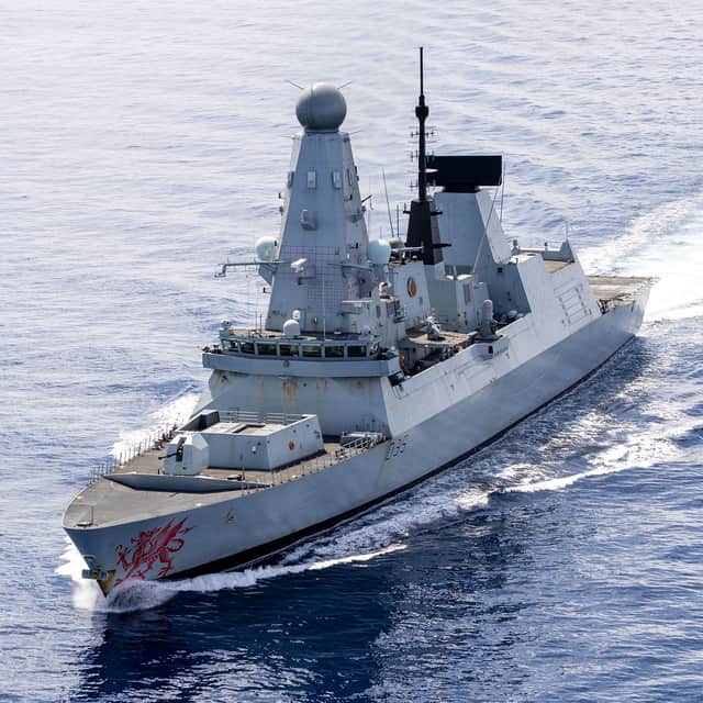 HMS Dragon conducting a PHOTEX close to Cyprus as seen from the ships wildcat helicopter during operations as part of government tasking.