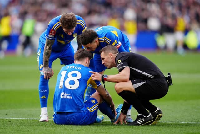 Leeds United's Anton Stach on the receiving end of a foul from West Ham United’s Maximilian Kilman.