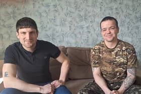 Bradley Townsend, from Barnsley, left, with Aiden Minnis, in what appears to be Russia or eastern Ukraine. Credit: YouTube/International Volunteers Association