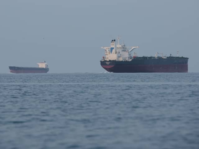 Tankers anchored in the Strait of Hormuz off the coast of Qeshm Island, Iran