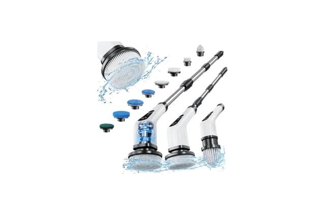 The Leebein Electric Spin Scrubber includes eight brush heads and an extendable handle for household cleaning.