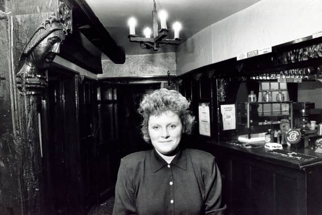 Christine Smith, landlady of the Old Queen's Head pub, Pond Hill, Sheffield, in December 1988