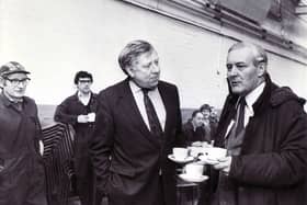 Roy Hattersley and Tony Benn on a walk about in Chesterfield