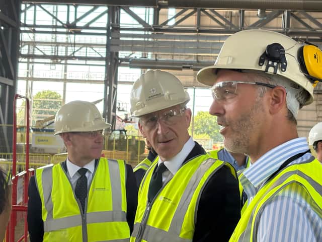 Defence Secretary Dan Jarvis (centre) tours the construction site for the new machine shop at Sheffield Forgemasters steel plant. Artillery barrels forged in Sheffield are being delivered to Ukraine. Credit: PA