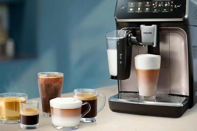 The Philips 3300 Series uses a ceramic grinder and LatteGo milk system to prepare six hot and iced coffee options