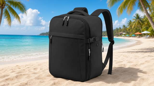Black Xkdoai expandable travel backpack with multiple compartments and padded shoulder straps