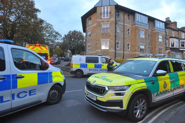 Police and ambulance vehicles at the junction of Franklin Road/Strawberry Dale, Harrogate, Saturday, October 17. Photo: Steve Riding