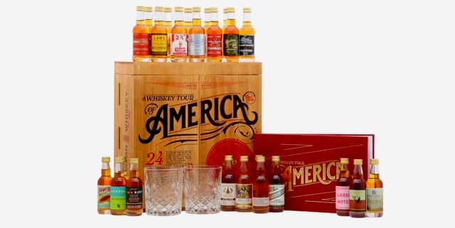 The luxury £219.95 American whiskey advent calendar features 24 miniatures, two engraved glasses and a wooden cabinet.