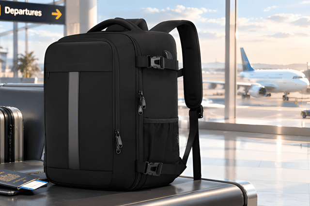 The black 20-litre cabin backpack features a padded laptop sleeve and a USB charging connection.