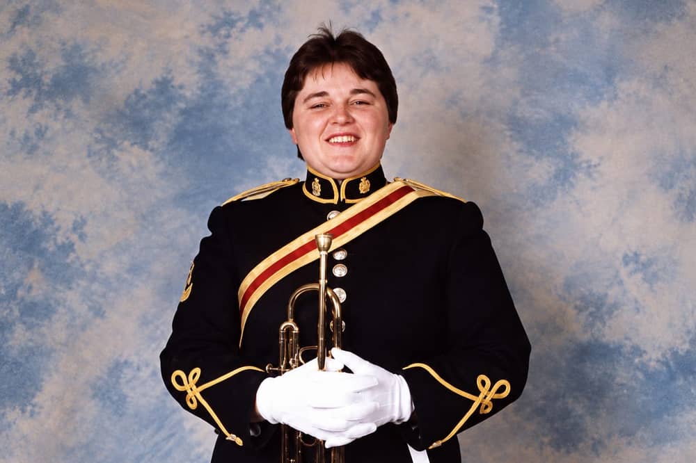 Louise Lingard-Snape, from Barnsley, in the Band of The Royal Logistics Corps 1996, smiling amidst the bullying. Credit: Louise Lingard-Snape