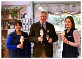 L-R Claire Sanderson (Parlour Manager, Brymor), Simon Theakston (Chairman, Theakston Brewery).