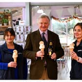 L-R Claire Sanderson (Parlour Manager, Brymor), Simon Theakston (Chairman, Theakston Brewery).