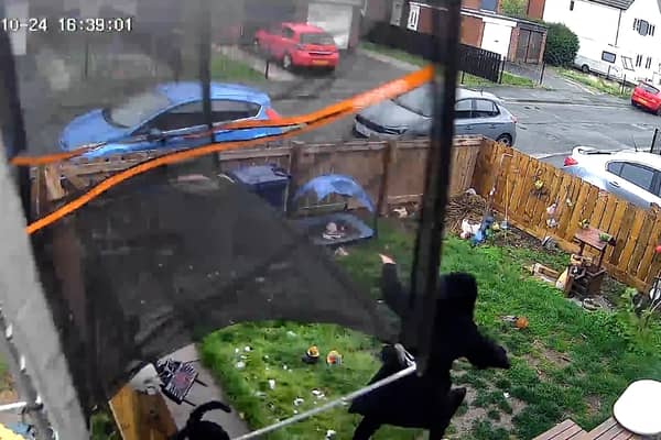 Louise Lee, 53, was at her daughter’s home in Redcar on Monday when powerful winds lifted her grandchildren’s trampoline off the ground.