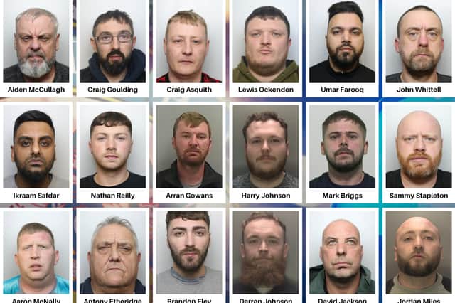 (left to right) Aiden McCullagh, Craig Goulding, Craig Asquith, Lewis Ockenden, Umar Farooq, John Whittell, Ikraam Safdar, Nathan Reilly, Arran Gowans, Harry Johnson, Mark Briggs, Sammy Stapleton, Aaron McNally, Antony Etheridge, Brandon Eley, Darren Johnson, David Jackson and Jordan Miles, who have all been convicted of conspiracy to supply cocaine following two trials, which began last year.