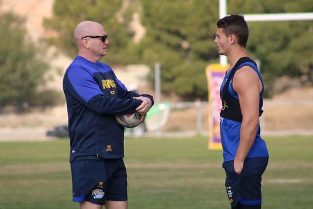 Leeds Rhinos' head coach, Richard Agar, left, chats to captain Stevie Ward during the training camp in Spain earlier this week. Picture courtesy of Leeds Rhinos.