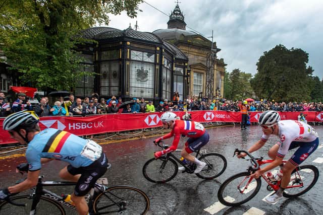 GB's Sam Watson passes the Pump Room at the 
2019 UCI World Championships in Harrogate.