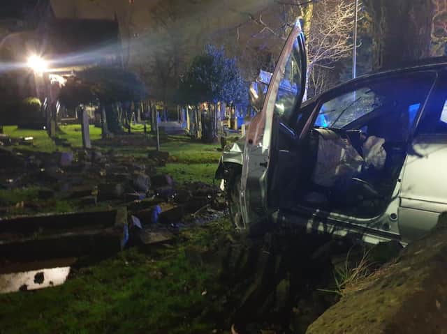 A drink driver crashed into a graveyard. Photo provided by West Yorkshire Police Roads Policing Unit.