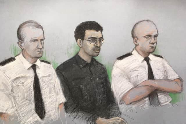 A court artist's sketch of Hashem Abedi, younger brother of the Manchester Arena bomber, in the dock at the Old Bailey in London accused of mass murder. Picture: Elizabeth Cook/PA Wire
