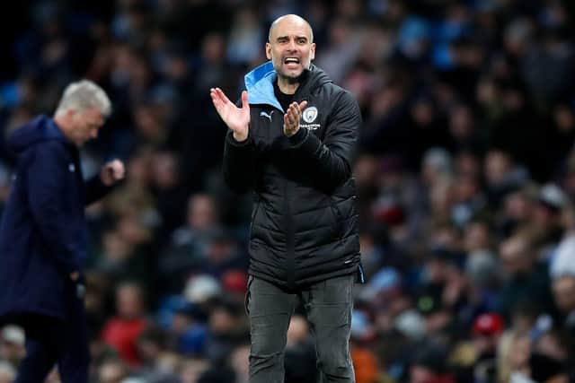 Manchester City manager Pep Guardiola on the touchline at the Etihad Stadium during his team's 2-0 win over West Ham United. Picture: Martin Rickett/PA