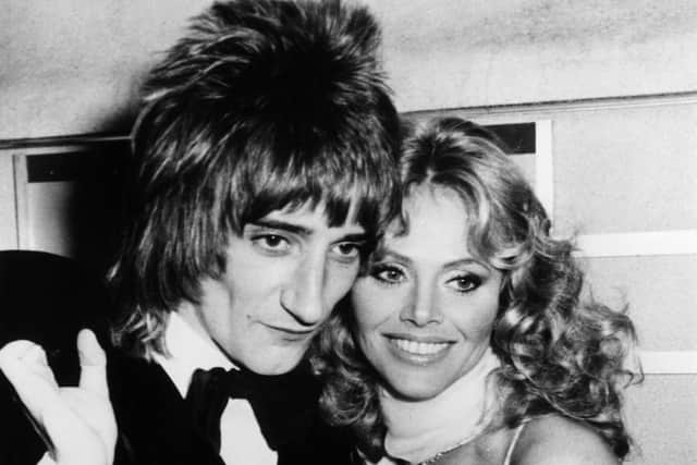 27th March 1975:  Rod Stewart and Britt Ekland attending the film premiere of Ken Russell's film of Pete Townshend's rock opera 'Tommy'.  (Photo by Keystone/Getty Images)
