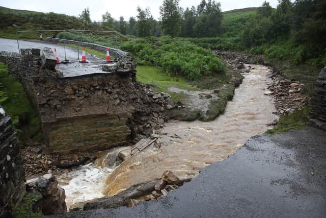 A collapsed bridge following heavy rainfall in Grinton Moors, in North Yorkshire, last summer. Credit: SWNS