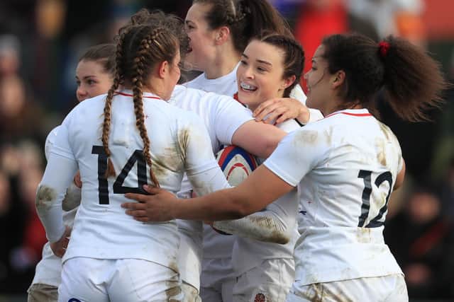 England's women celebrates after Kelly Smith scored a try during the Women's Six Nations match at Castle Park, Doncaster. (Picture: PA)