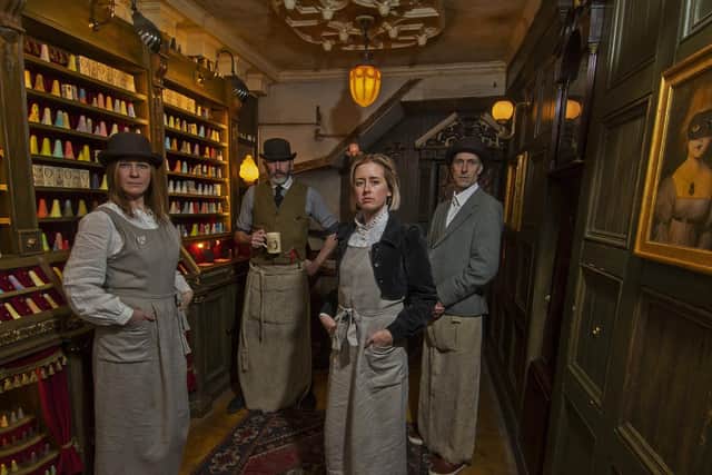 Wendy Dent, David Bloodworth, Sophie Humphreys and Angus McArthur at the York Ghost Merchants shop on The Shambles.