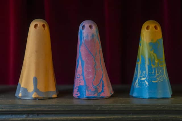 Good luck charms, ornimental ghosts for sale at the York Ghost Merchants shop.