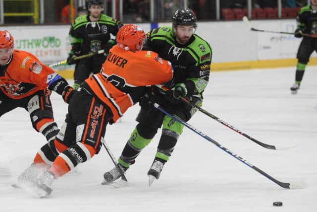 Hull's Steven Chalmers battles for possession in the Sunday night win over Telford Tigers. Picture courtesy of Cerys Molloy.