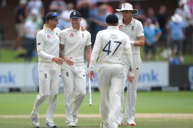 SPEED IT UP:  Captain Joe Root, left, laughs with Ben Stokes as England celebrate winning the Third Test match against South Africa last month at St George’s Park in Port Elizabeth, South Africa. Picture: Stu Forster/Getty Images.