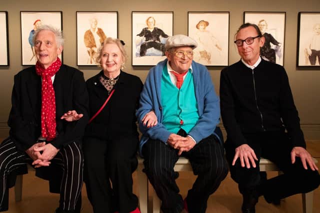 David Hockney (second right) alongside (left to right) Maurice Payne, Celia Birtwell and Gregory Evans who feature in drawings for his exhibition 'David Hockney: Drawing from Life'. Credit: David Parry/National Portrait Gallery/PA Wire