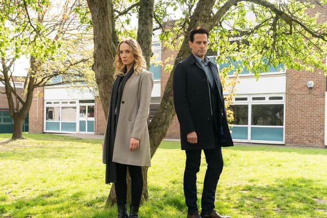 in character: Joanne Froggatt as Laura Nielson in Liar and with co-star Ioan Gruffudd as Andrew Earlham. Picture: Two Brothers/ITV.