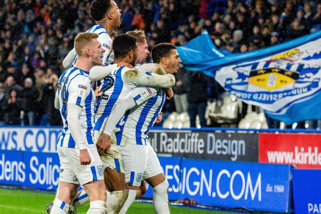 Karlan Grant celebrates scoring from the penalty spot in Huddersfield Town's 2-1 victory at home to Bristol City Picture Bruce Rollinson