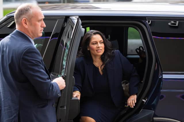 Home Secretary Priti Patel, arriving at a joint summit for the National Police Chiefs' Council (NPCC) and Association of Police and Crime Commissioners (APCC) on Wednesday.