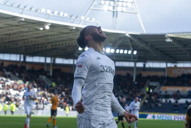 Tyler Roberts celebrates his second goal, Leeds United's fourth at Hull City
