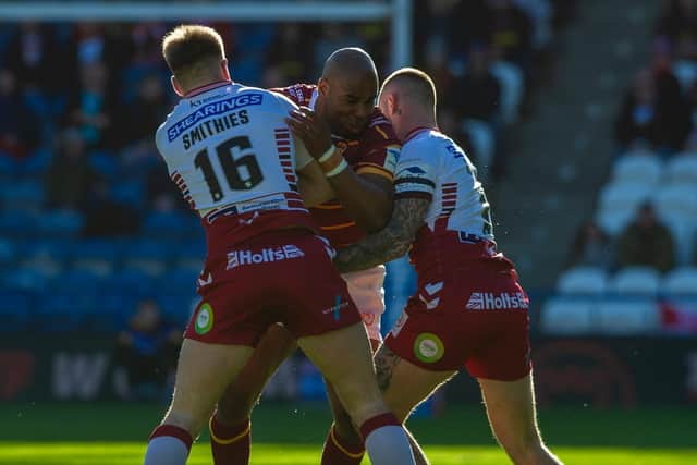 No way through for Huddersfield Giants' Michael Lawrence (PIC: TONY JOHNSON)