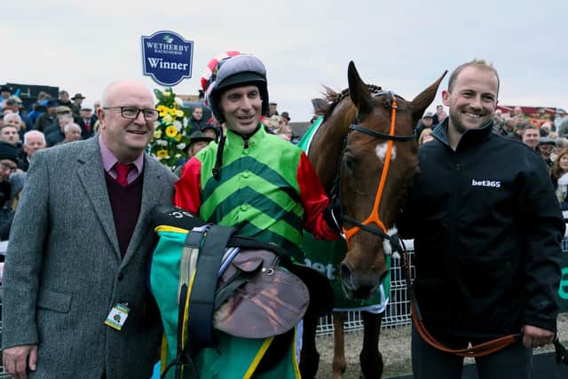 Owner Phil Martin (left) and Danny Cook after Definitly Red won the 2018 Charlie Hall Chase.